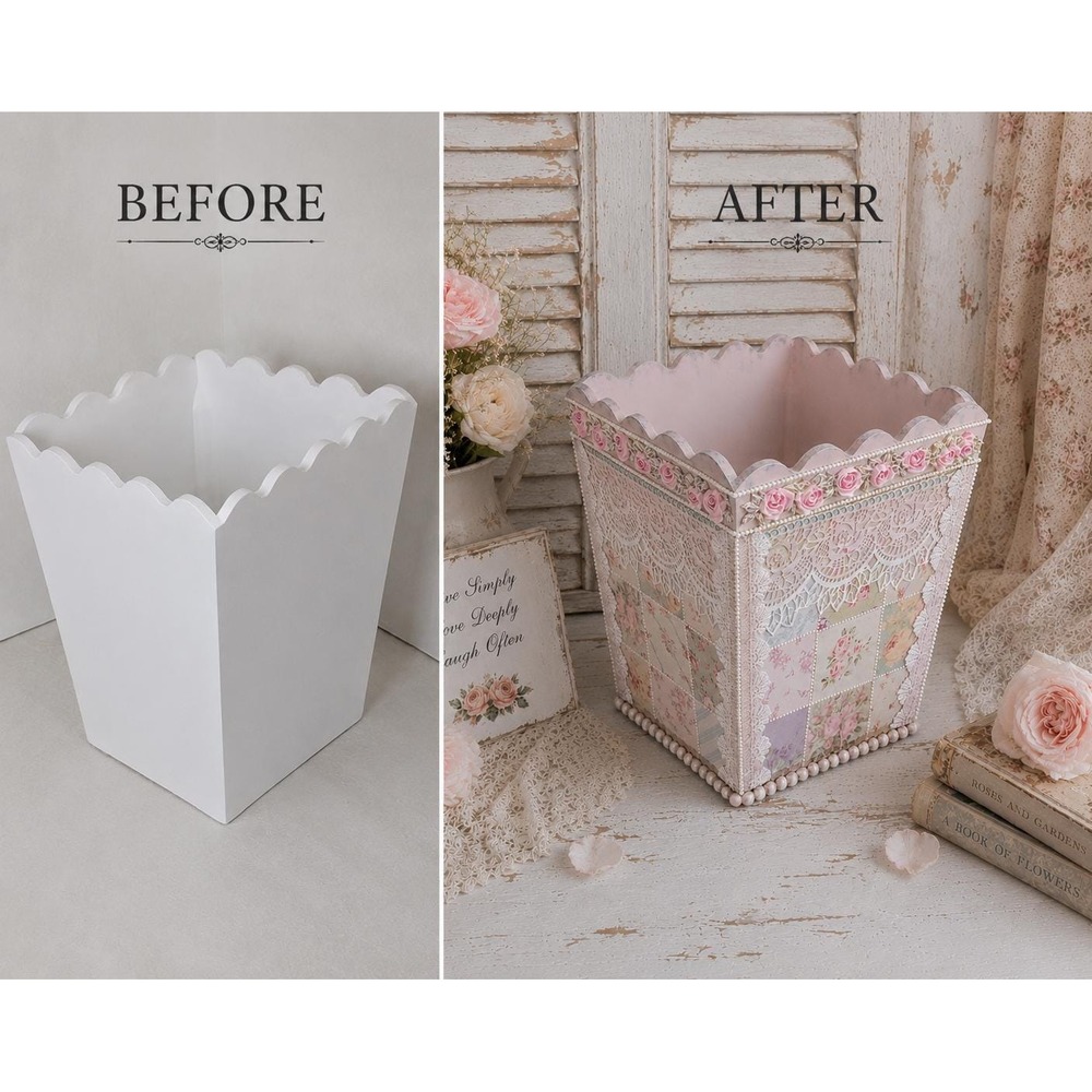 Rachel Ashwell Inspired Shabby Chic Rose Cottagecore Pink Patchwork Wastebasket - Picture 13 of 13